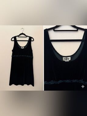 Vtg 1990s DJI Dark Green Velvet Mini Dress Sz L Floral Empire Waist Whimsigoth